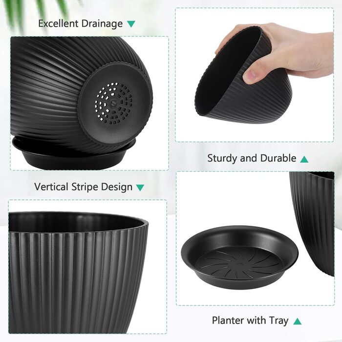 Набір з 6 квіткових горщиків з блюдцями, 6 розмірів горщиків для рослин 17,5/15,5/14/12,5/11,5/10 см, пластикові квіткові горщики для кімнатних та балконних садів, набір горщиків для рослин, чорний