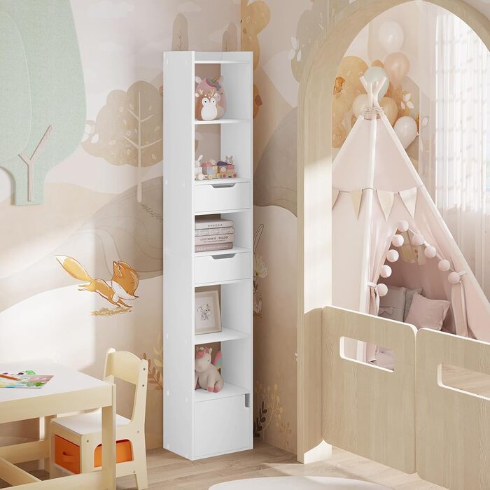 Книжкова полиця WOLTU, книжкова шафа, полиця для зберігання, офісна полиця, з 6 полицями, 2 шухлядами, 1 дверцятами, виготовлена з інженерної деревини, для вітальні, спальні, офісу, біла, SK042ws