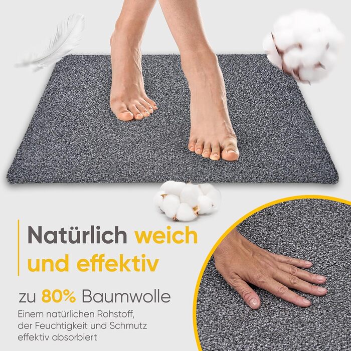 Килимок Entrando 60x100 см - Для приміщень та вулиці - Бавовна - Нековзний, можна прати, міцний - Підходить під двері - Для вхідних дверей або критих входів, патіо, балконів (сірий) Сірий 60 x 100 см (прямокутний)