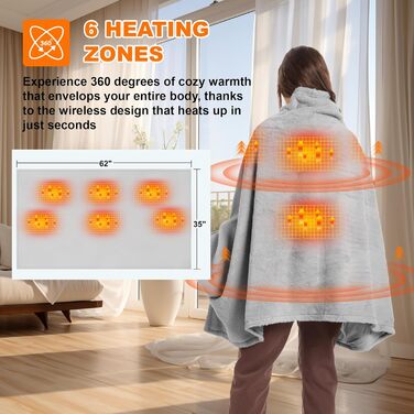 Бездротова ковдра з підігрівом 160x90 см з акумулятором 16000 мАг, фланелева електрична ковдра з підігрівом та 6-зонним обігрівом, 3 налаштування температури, ковдра з підігрівом, яку можна прати, для дивана, офісу, автомобіля, кемпінгу (сіра)