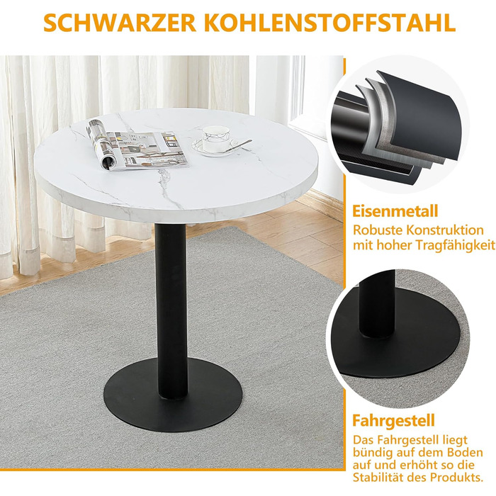 Круглий обідній стіл Mingone 80 см, кухонний стіл білого кольору з мармуровим ефектом - стільниця з МДФ та металевий каркас - для кухні, їдальні, балкону, вітальні. Круглий обідній стіл 80 см білого кольору.