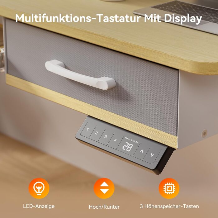 Електричний стіл з регульованою висотою та підставкою для клавіатури, 140x60 см, з 2 шухлядами, комп&39ютерний стіл з підставкою для монітора для домашнього офісу, дуб, 140 x 60 см з підставкою для клавіатури