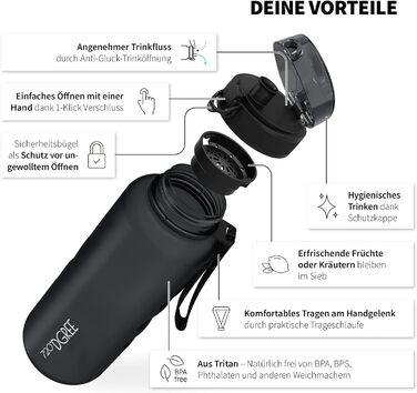 Пляшка для води 720DGREE 1 л Sport 'uberBottle softTouch Sieb - Без BPA - Пляшка для води для універі, роботи, фітнесу, велосипеда, активного відпочинку, роботи - спортивна пляшка з тритану - легка, ударостійка, багаторазова (2000 мл, 26 Onyx Black - Blac