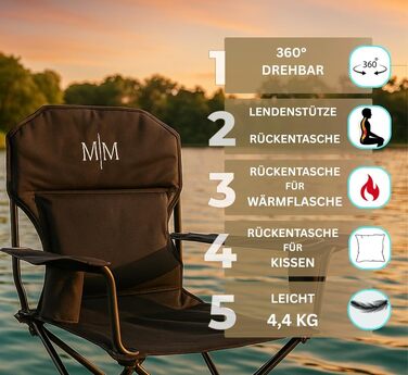 Складаний кемпінговий стілець, чорний, до 150 кг, із задньою кишенею для подушки або грілкової пляшки, обертається на 360