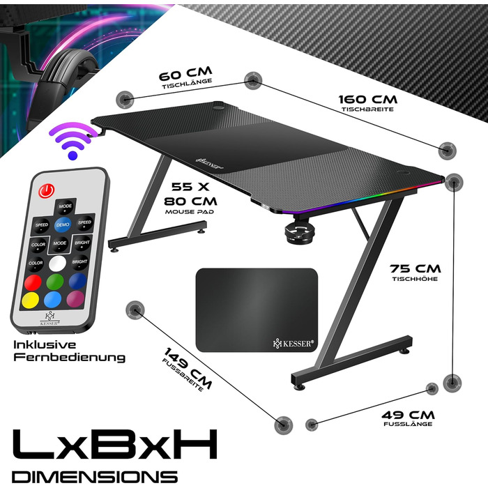 Ігровий стіл KESSER зі світлодіодним освітленням, 160 см x 60 см Z-подібний ігровий стіл Кріплення для навушників та вуглецеве покриття Ергономічний комп&39ютерний стіл Міцний стіл з підсклянником, чорний, 160 x 60 см, вуглецеве покриття зі світлодіодним 