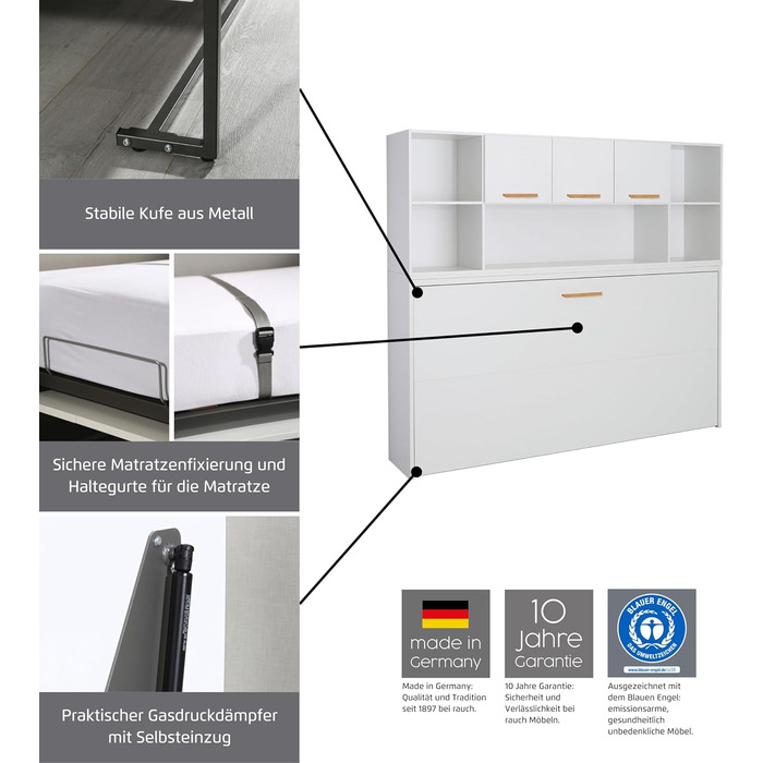 Меблі Rauch Albero, ліжко, настінне ліжко, поперечно розкладне ліжко, компактне настінне ліжко з каркасом ліжка, полицею та рейковою основою, спальна зона 90x200 см, колір білий, ручки з масиву дуба, 214x197x44 см