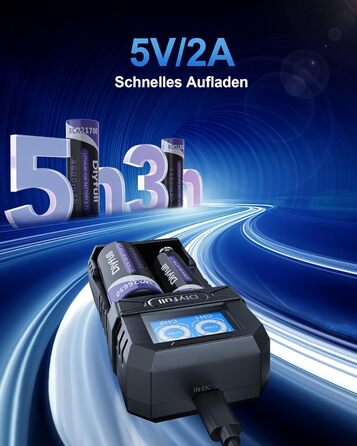 Зарядний пристрій Dlyfull 18650, універсальний зарядний пристрій для літій-іонних акумуляторів 3,7 В, портативний зарядний пристрій USB-C з РК-дисплеєм для 18650, 21700, 26650, 18500, 18350, 17670, 17500, 16340 тощо, 2 відсіки