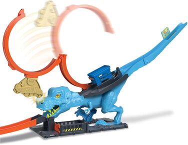 Гоночний трек Hot Wheels T-Rex атака, гра на спритність завдяки точному розрахунку часу та прицілюванню, з петляючою трасою, автом