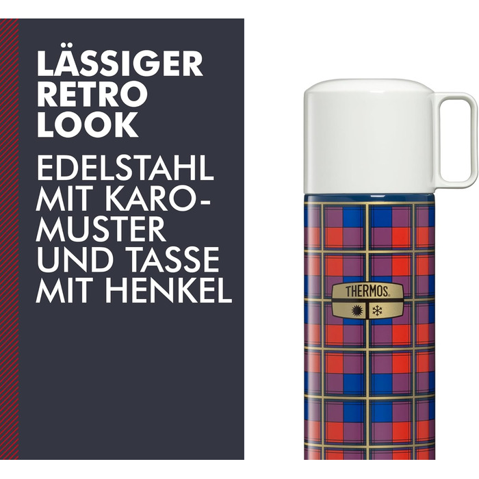 Пляшка для напоїв THERMOS REVIVAL 0,50 л, ретро-синій колір, термос з нержавіючої сталі, червона ізольована пляшка з чашкою для пиття, зберігає напої гарячими 18 годин / холодними 24 години, можна мити в посудомийній машині, герметична, без BPA, синій кол