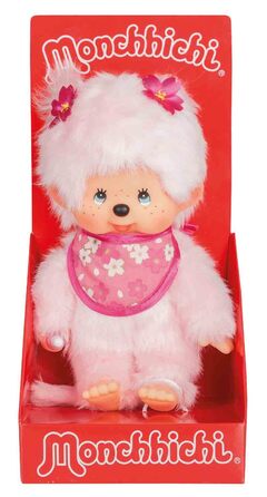 Оригінальна лялька Monchhichi Вишня в цвіту, плюшева фігурка з нагрудником та косичками з квітами, м'яка іграшка рожевого кольору, приблизно 20 см, 767020 -