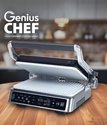 Електрогриль Genius Chef з корпусом із нержавіючої сталі для стейків та сендвічів, знімні панелі, набір 6 предметів, сірий