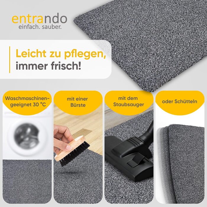 Килимок Entrando 60x100 см - Для приміщень та вулиці - Бавовна - Нековзний, можна прати, міцний - Підходить під двері - Для вхідних дверей або критих входів, патіо, балконів (сірий) Сірий 60 x 100 см (прямокутний)