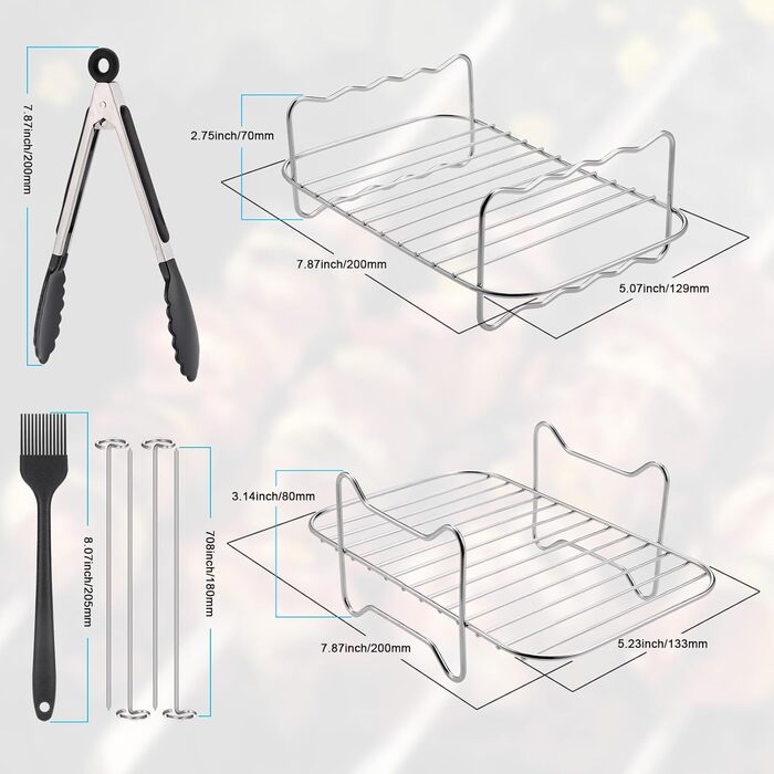 Решітка для гриля Hejo 2 шт. и аерофритюрниці, сумісна з двозонною фритюрницею AF300EU / AF400EU з 4 паличками для гриля 1 масляною щіткою та 1 затискачем для їжі