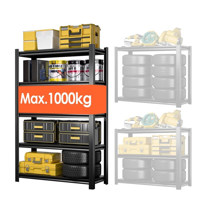 Міцний металевий стелаж 183x90x40 см з 5 регульованими металевими полицями Стелаж для зберігання в підвалі та майстерні Вантажопідйомність до 1000 кг Чорний 183 x 90 x 40 см