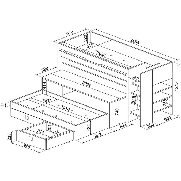 Дитяче двоярусне ліжко з письмовим столом і висувним спальним місцем Колір білий і блакитний