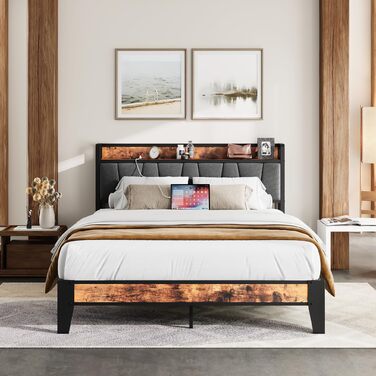 Ліжко IRONCK 140x200 з металевою рейковою основою, каркас ліжка 140x200 см з розетками, USB-портами та портами Type-C, металеве ліжко 140x200 з м&39яким узголів&39ям та місцем для зберігання речей, дитяче ліжко, двоспальне ліжко 140x200 см