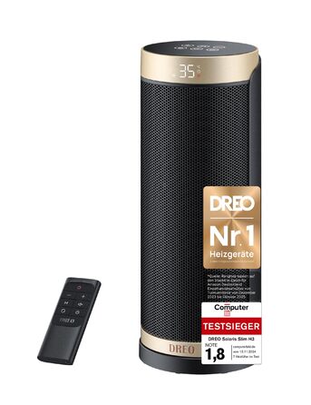 Енергозберігаючий вентилятор-обігрівач Dreo, керамічний PTC нагрівач, тихий, коливальний електричний обігрівач 70 з пультом дистанційного керування, 12-годинний таймер, 3 режими, 3 швидкості, захист від перегріву та перекидання, Solaris Slim H3 Standard G