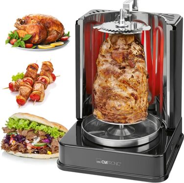 Вертикальний мультигриль Clatronic Dner-Vertikal-Multigrill Ідеальний для гіроса, кебаба та іншого Гриль для здорового приготування страв без жиру вдома Включає обертовий вертел та 6 шампурів для м'яса DVG 3686