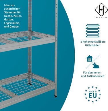 Вуличний стелаж із широким прольотом - вантажопідйомність 1500 кг - ВxШxГ 180 x 90 x 45 см - стелаж без болтів з 5 полицями з регульованою висотою - максимальне навантаження на полицю 400 кг - сертифікований TV - надміцний стелаж з оцинкованої сталі, тип 