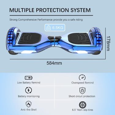 Ховерборди RCB 6,5 дюйма – для дітей та підлітків з Bluetooth, світлодіодний з потужним двигуном, подарунок для дітей, хромований синій