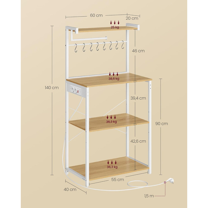 Кухонна полиця VASAGLE з розетками, окремостояча полиця, полиця для мікрохвильової печі, 4 рівні та 8 S-подібних гачків, регульована полиця, тримач для кухонних пакувальних машин, 40 x 60 x 140 см, Золотий дуб-хмарно білий KKS014Y02 60B см Золотий дуб мат