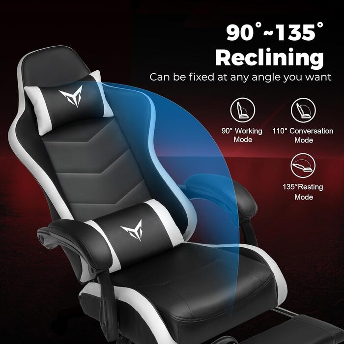 Ігрове крісло GTPLAYER, ергономічне офісне крісло з підставкою для ніг, регульованим підголівником та поперековою опорою, ігрове крісло, білий колір