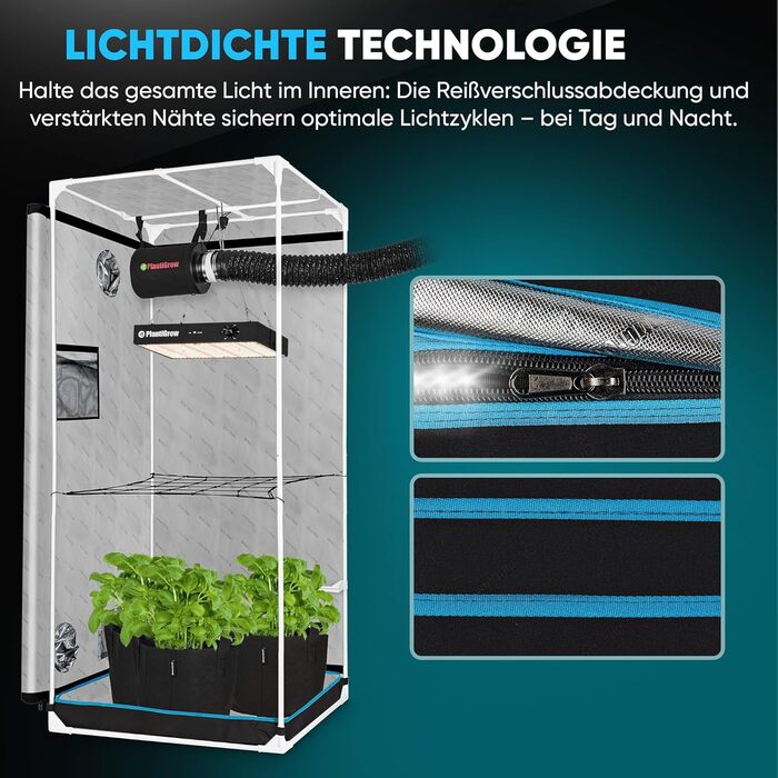 Комплект для вирощування в приміщенні з LED-лампою повного спектру 150W (з димером), 1680D, вугільним фільтром, канальним вентилятором та витяжним рукавом (80x80x180 см)