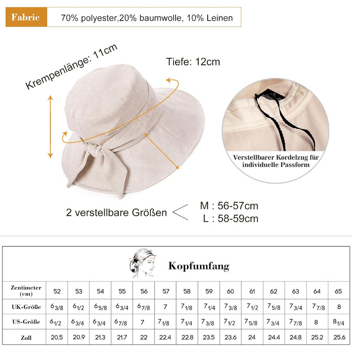 Жіночий капелюх Comhats з широкими полями, захист від сонця UPF 50, складний, літній пляжний капелюх, бавовна/льон 69045бежевий блискуча нитка, розмір M