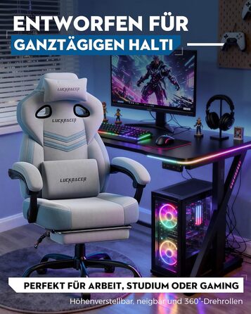 Тканина для ігрового крісла LUCKRACER, офісне крісло з підлокітниками, подушка з піни з ефектом пам&39яті, кут нахилу 90155 та підставка для ніг, міцна функціональна тканина, сіро-сіра тканина