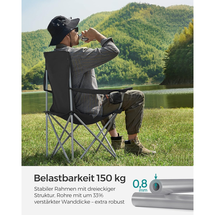 Складаний кемпінговий стілець SONGMICS, 2 шт., зручна міцна конструкція, витримує до 150 кг, з тримачем для напоїв, вуличний стілець, чорний