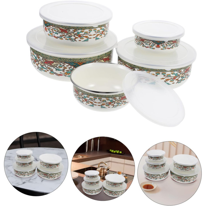 Набір емальованих мисок Amosfun з 5 предметів, багатоцільові миски з кришками для локшини швидкого приготування, салату, супу, мисок для змішування, мисок для зберігання продуктів з гладкою поверхнею для домашнього використання, 18,60 x 18,60 x 7,50 см