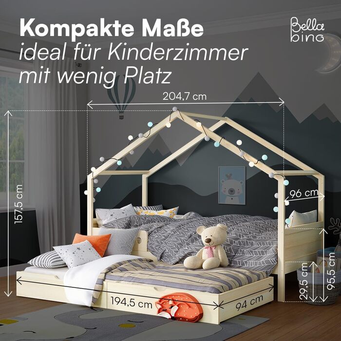Дитяче ліжко Bellabino Bela 90x200 см Розсувне ліжко-будиночок з поручнями та рейковою основою Дитяче ліжко з гостьовим ліжком для хлопчиків та дівчаток Дерев&39яне ліжко-будиночок Монтессорі з натуральним покриттям та гостьовим ліжком Матрац не входить д