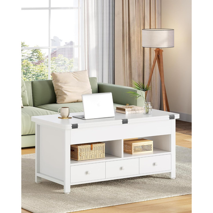 Журнальний столик Hzuaneri, стіл для вітальні з регульованою висотою, 3 шухлядами та 2 відділеннями, 50 100 47 см, журнальний столик з відділенням, що трансформується в обідній стіл, для вітальні, домашнього офісу, білий CT22203W