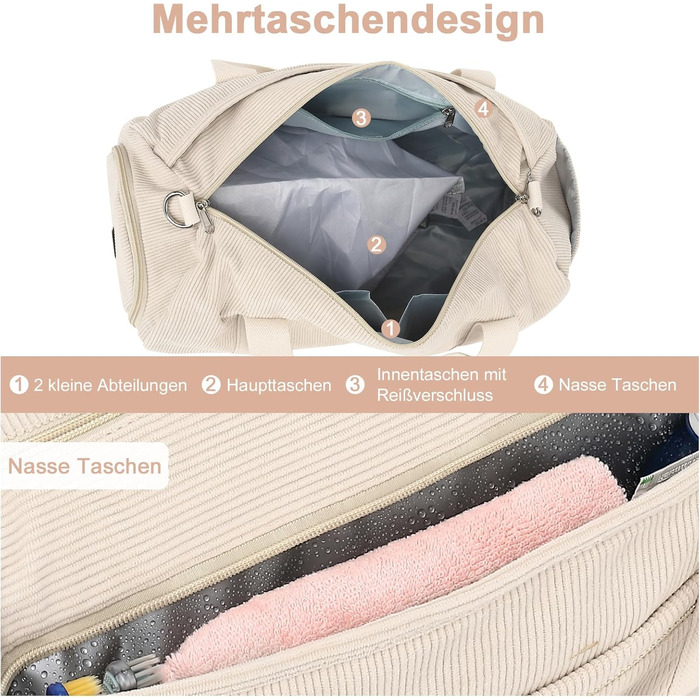 Спортивна сумка для дітей, сумка для плавання для хлопчиків та жінок з відділенням для взуття та відділенням для вологи, сумка для купання для підлітків, невелика дорожня сумка, сумка для фітнесу (Corduroy Pure Beige)