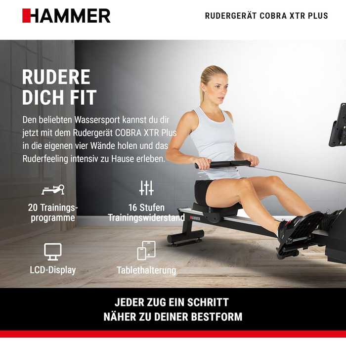 Гребний тренажер Hammer Cobra XTR Plus II для домашнього використання гребний тренажер з інноваційним тренувальним компютером, тримачем для смартфона/планшета, вага користувача до 130 кг, 232 x 55 x 75 см, чорний, 4532