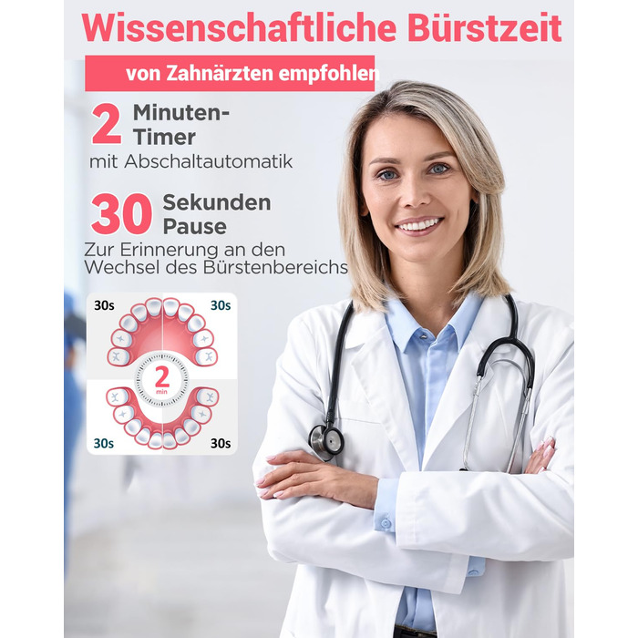 Обертова електрична зубна щітка для дорослих та дітей з 8 насадками, електрична зубна щітка з настінним тримачем та зарядною станцією, 5 режимів чищення та дорожній футляр, 60 днів роботи від акумулятора (Рожева)