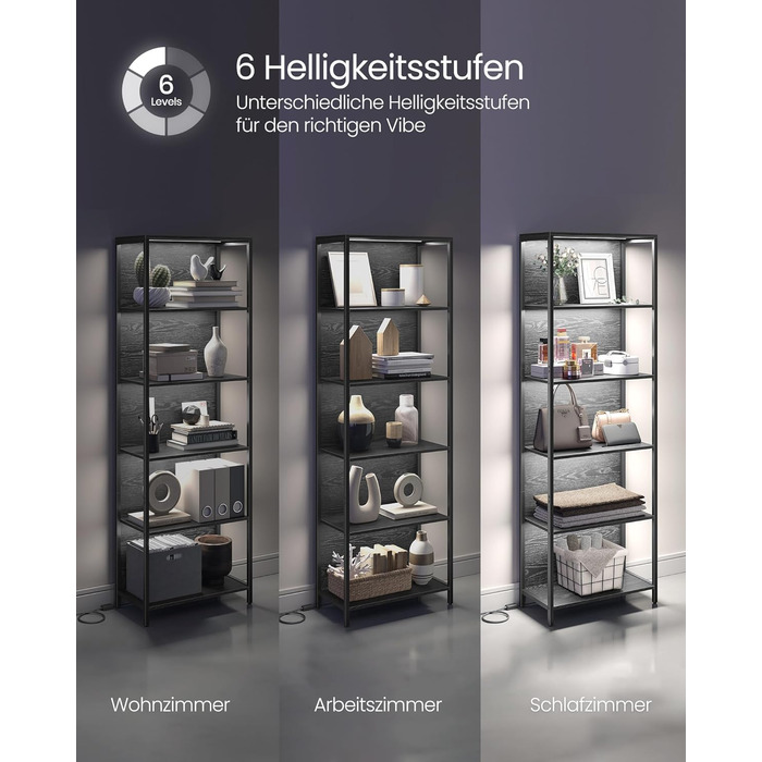 Рівнева книжкова полиця VASAGLE, окремостояча полиця з регульованим світлодіодним освітленням, сталевий каркас, 30,3 x 60 x 178,6 см, для вітальні, спальні, кабінету, чорний колір Ebony Black LLS120B57 60B см, 6-