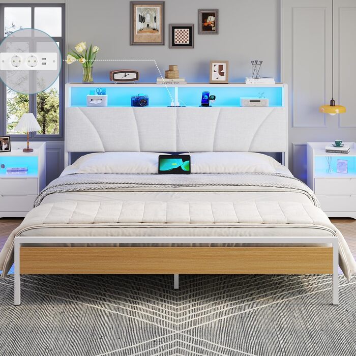 Ліжко 180x200 з металевою рейковою основою, двоспальне ліжко 180x200 см зі світлодіодним підсвічуванням, каркас ліжка 180x200 см з узголів&39ям та зарядною станцією (2 розетки змінного струму, 2 USB-порти) Сучасне, Білий Білий 180x200см