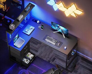 Ігровий стіл Coleshome зі світлодіодним підсвічуванням, 130 x 100 см, двосторонній ігровий стіл з шухлядами та розетками, кутовий стіл з відділенням для зберігання та полицями, чорний колір з вуглецевого волокна 130 x 100 см, чорний колір з вуглецевого во