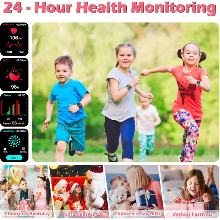 Дитячий смарт-годинник, дитячий спортивний фітнес-годинник для дівчаток та хлопчиків з крокоміром, понад 100 спортивних режимів, будильник, ігри, секундомір, дитячий годинник, повідомлення, годинник активності для підлітків 5-16 років, подарунки, рожевий