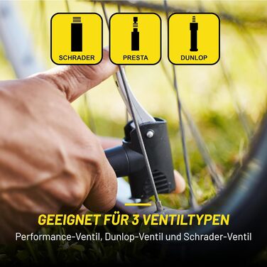 Велосипедний насос Dunlop з подвійним клапаном - велосипедний повітряний насос з 2 адаптерами - для всіх клапанів - клапани Dunlop, Presta та Schrader - 12 бар/180 PSI - ножний насос, манометр, жовтий