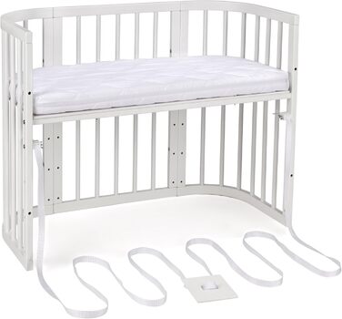 Дитяче ліжко Waldin 5-в-1, дерев&39яне приліжкове ліжечко, матрац, вентильоване, регульована основа у 5 положеннях, біле дерево (комплект тканини не входить до комплекту)