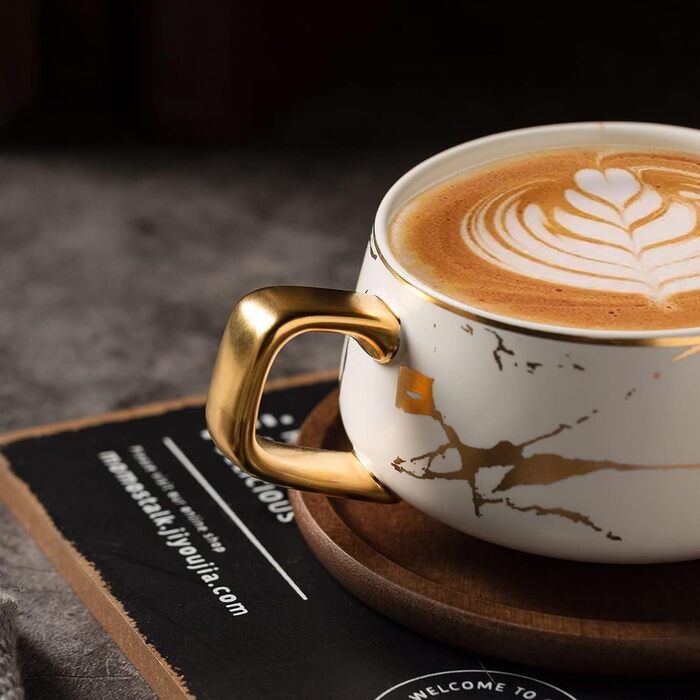 И чашок для еспресо, набір чашок для капучино 300 мл, мармурова кавова чашка з блюдцем, порцеляна, 2 чашки, 2 блюдця, 2 ложки, біл