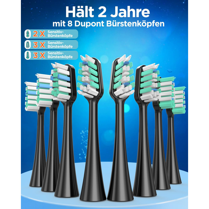 Електрична зубна щітка з 8 насадками (3 типи), звукова зубна щітка для дорослих, з таймером, до 120 днів роботи від акумулятора, 5 режимів чищення, дорожній футляр, настільна зарядна станція, колір чорний