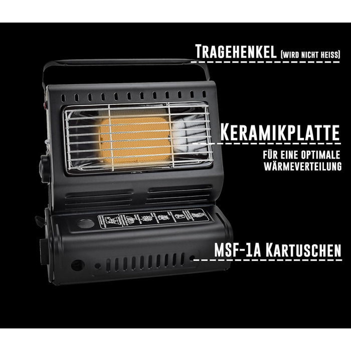 Портативний кемпінговий обігрівач TruWare з картриджами, складний обігрівач для намету для саду, каравана, зимового саду Мобільний газовий обігрівач з ручкою (газовий обігрівач з 4 картриджами)