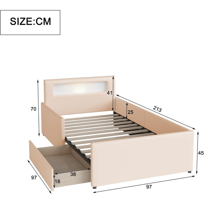 Сучасне дитяче ліжко 90x200 см з м&39якою оббивкою, ліжко з рейковою основою та місцем для зберігання речей, м&39яке узголів&39я зі світлодіодним нічником та USB-портом для зарядки, штучна шкіра, дитяче ліжко для хлопчиків та дівчаток (бежевий)