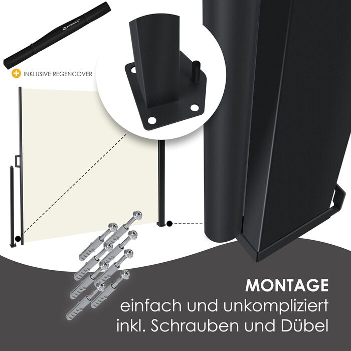 Розсувна бічна маркіз KESSER 180 x 300 см, непрозора, захист від вітру та конфіденційності для саду, балкону та тераси, бічна рулонна штора з настінним кріпленням, вкл. захист від негоди та монтажні аксесуари, бежевий 300 x 180 см