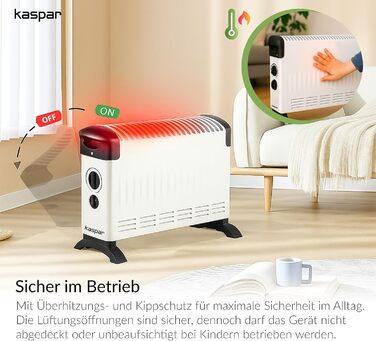 Конвекторний радіатор KASPAR з термостатом та 3 режимами нагріву, електричний обігрівач потужністю 750/1250/2000 Вт, білий