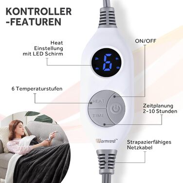 Електрична ковдра з автоматичним вимкненням, 1305180 iB Ковдра з підігрівом, 6 режимами нагріву та 10-годинним таймером, Felly Skay Електрична м&39яка ковдра для спальні, вітальні, офісу, сірого кольору, 130180 см