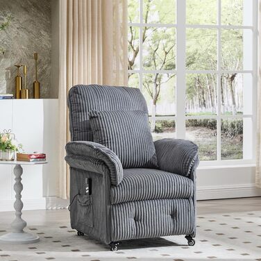 Моторне електричне крісло-реклайнер, крісло для телевізора з функцією відкидання, крісло для телевізора у вітальні з колесами, регульована спинка та підставка для ніг, 2 бічні кишені, вельветовий диван, темно-сірий, 2-